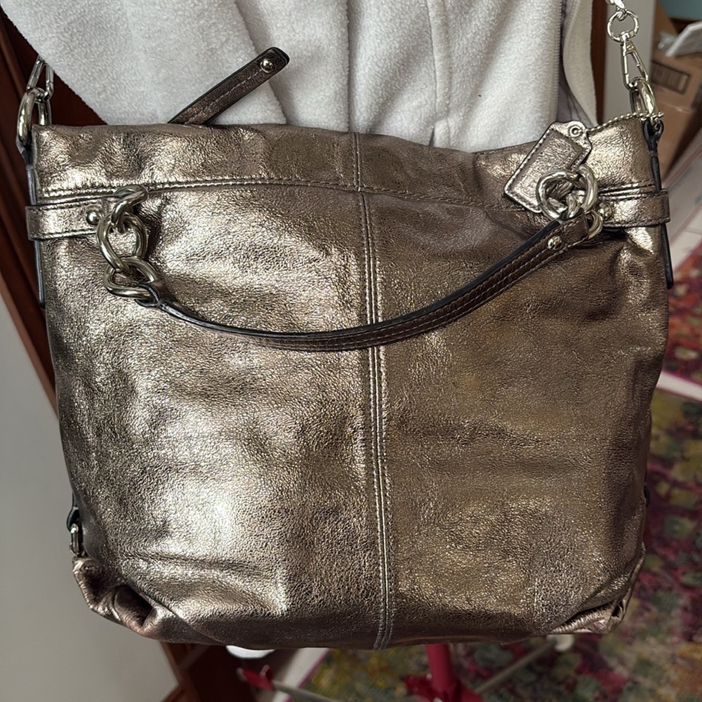 Coach  Brooke metallic  shorter version 10”h silver bronze leather chain added
